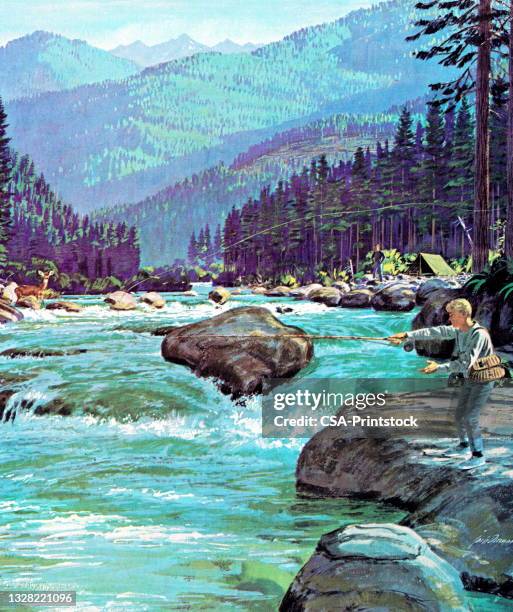 fly fishing on a mountain stream - kitsch stock illustrations