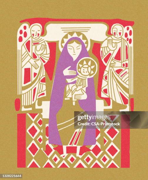 madonna mit kind und engeln - heiliger stock-grafiken, -clipart, -cartoons und -symbole