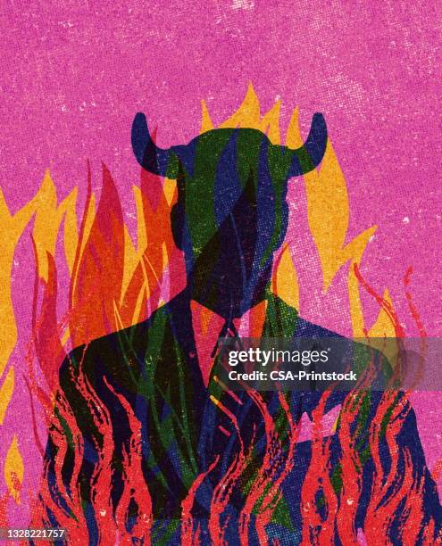 businessman with horns in flames - devils stock illustrations