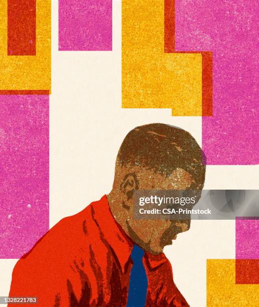 mann, blick nach unten - african american ethnicity stock-grafiken, -clipart, -cartoons und -symbole