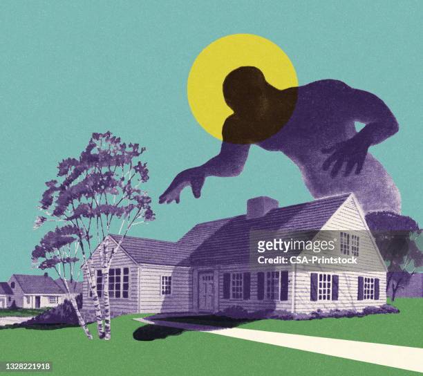 stockillustraties, clipart, cartoons en iconen met monster shadow lurking over a house - suburb