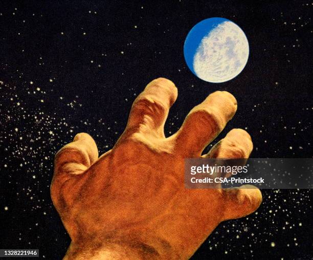 hand reaching toward the moon - reach stars stock illustrations