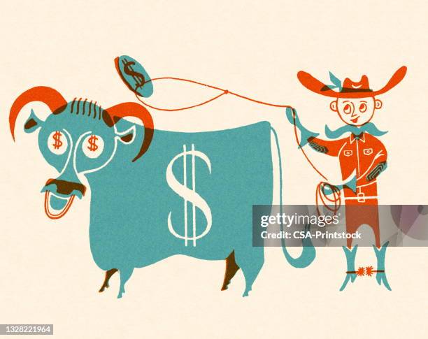 cowboy throwing a lasso toward a cash cow - vintage dollar sign white background stock illustrations
