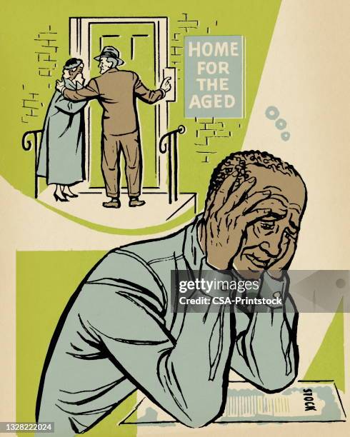 worried man thinking of aged people - woman entering home stock illustrations