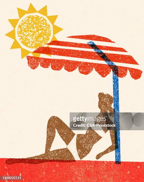 sonnenbadende frau unter einem regenschirm unter der sonne - umbrella sun stock-grafiken, -clipart, -cartoons und -symbole