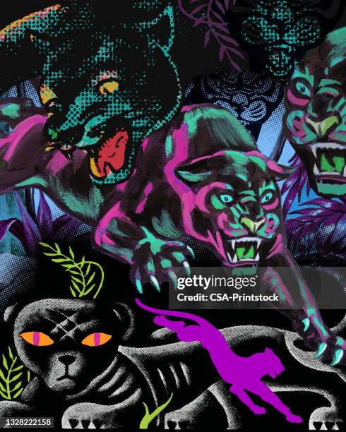 collage von jaguaren - panther schwarz stock-grafiken, -clipart, -cartoons und -symbole