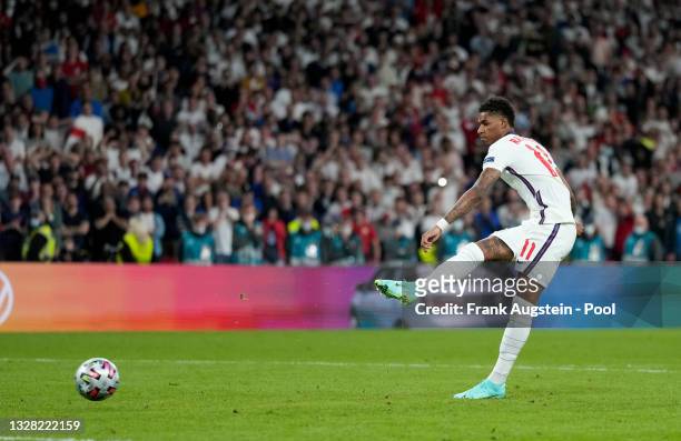 Marcus Rashford of England misses their team's third penalty in the penalty shoot out during the UEFA Euro 2020 Championship Final between Italy and...