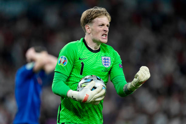 Jordan Pickford of England celebrates during the penalty shoot out during the UEFA Euro 2020 Championship Final between Italy and England at Wembley...