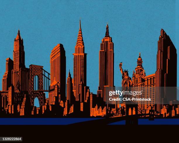 ilustraciones, imágenes clip art, dibujos animados e iconos de stock de horizonte de la ciudad de nueva york - new york