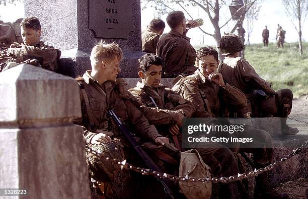 Actors Dexter Fletcher , Marc Warren , James Maddio and Ben Caplan act in a scene from HBO''s war mini-series "Band Of Brothers."