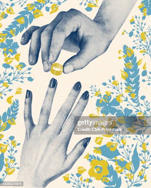 ilustraciones, imágenes clip art, dibujos animados e iconos de stock de colocación de un anillo de boda en el dedo - anillo de compromiso