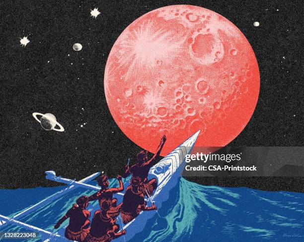 ilustrações de stock, clip art, desenhos animados e ícones de men in an outrigger seeing a giant full moon - arte moderna