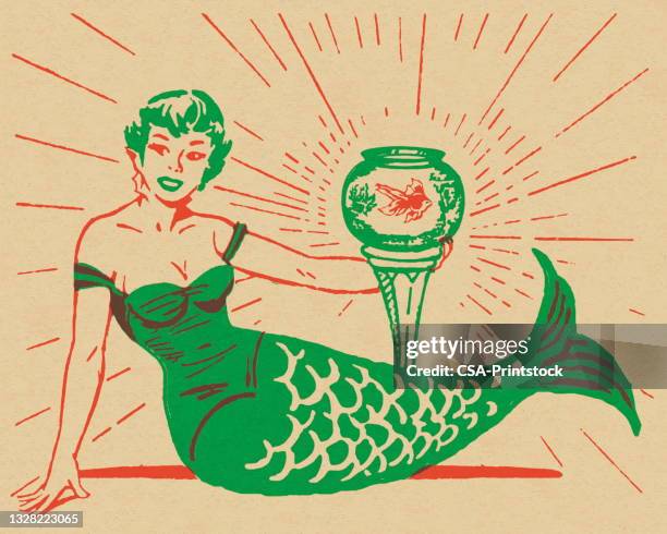 mermaid and fishbowl - glamour model stock illustrations