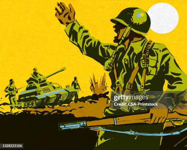 ilustraciones, imágenes clip art, dibujos animados e iconos de stock de soldado en un campo de batalla - ejército de tierra