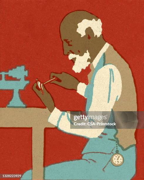 man working at a table - table side view stock illustrations