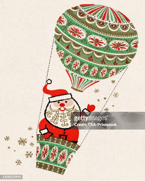 santa claus in a hot air balloon - kitsch stock illustrations