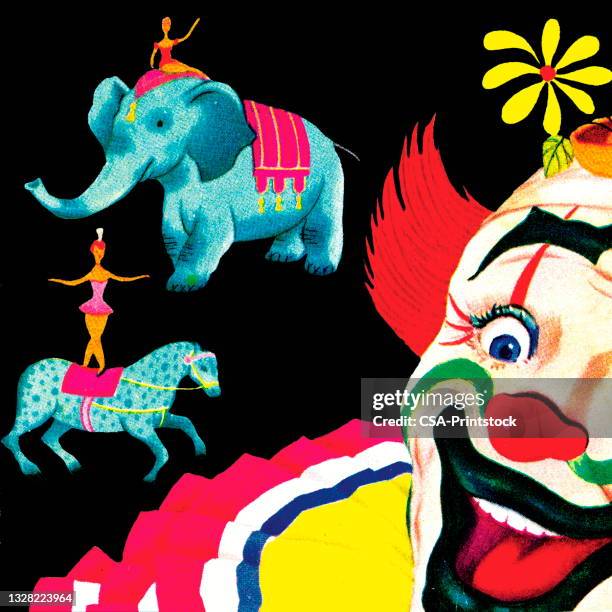 circus acrobats and clown - clown stock illustrations
