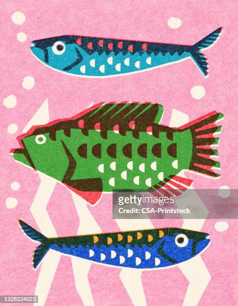 three fish - fish tank stock illustrations