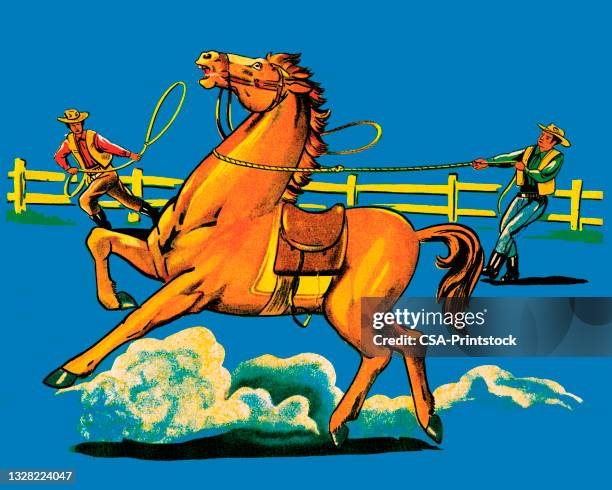 cowboys roping a horse - saddle stock illustrations