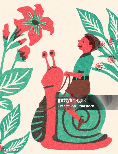 boy riding a snail - snail stock illustrations