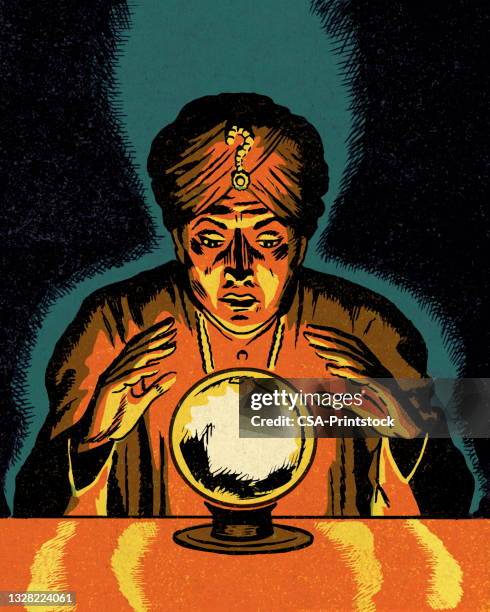 wahrsagerin schaut in eine kristallkugel - fortune teller stock-grafiken, -clipart, -cartoons und -symbole