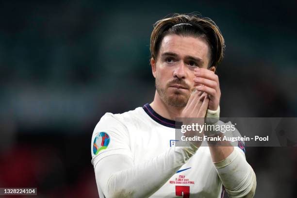 Jack Grealish of England acknowledges the fans after the UEFA Euro 2020 Championship Final between Italy and England at Wembley Stadium on July 11,...