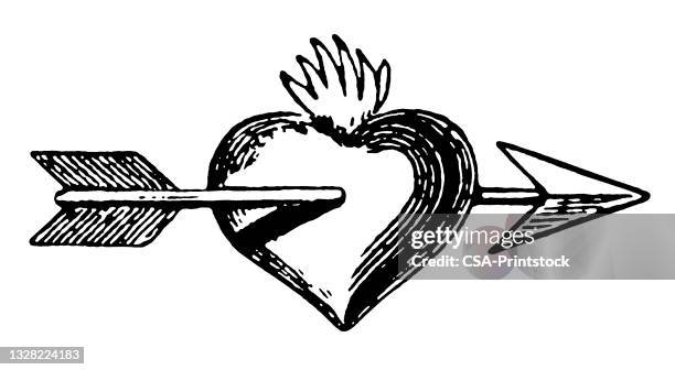 flaming heart with arrow through it - hearts on fire stock illustrations