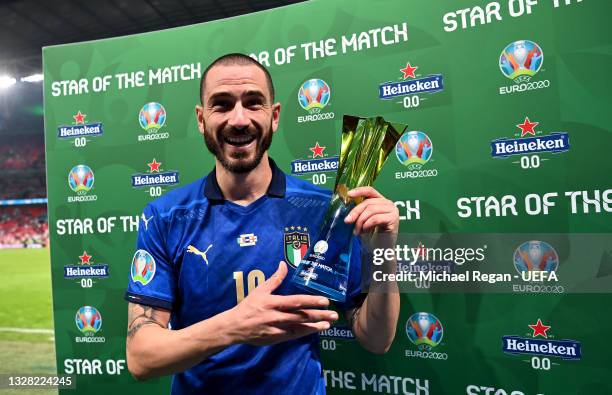 Leonardo Bonucci of Italy poses for a photograph with their Heineken "Star of the Match" award after the UEFA Euro 2020 Championship Final between...
