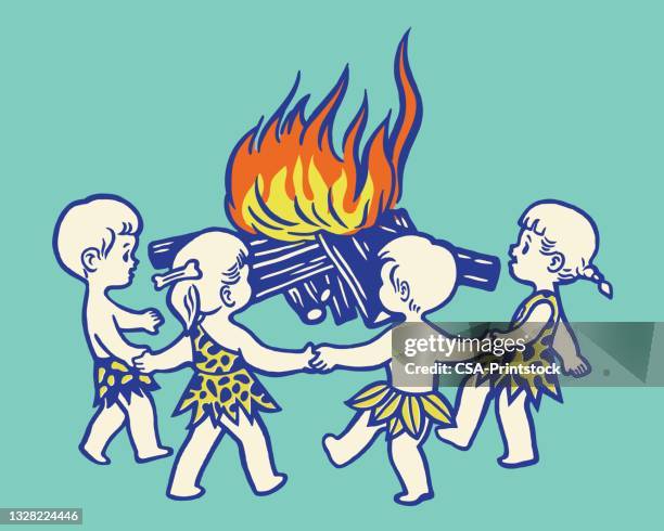 four children playing around a bonfire - camp fire stock illustrations