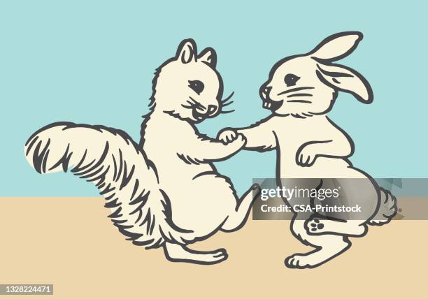 bildbanksillustrationer, clip art samt tecknat material och ikoner med playful squirrel and rabbit - två djur
