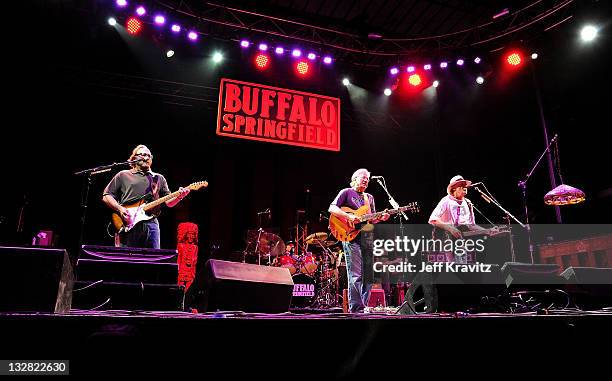 Musicians Stephen Stills, Richie Furay and Neil Young of Buffalo Springfield performs on stage during Bonnaroo 2011 at Which Stage on June 11, 2011...