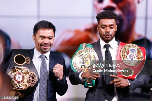 Manny Pacquiao and Errol Spence Jr pose for the media following their press conference at Fox Studios on July 11, 2021 in Los Angeles, California....