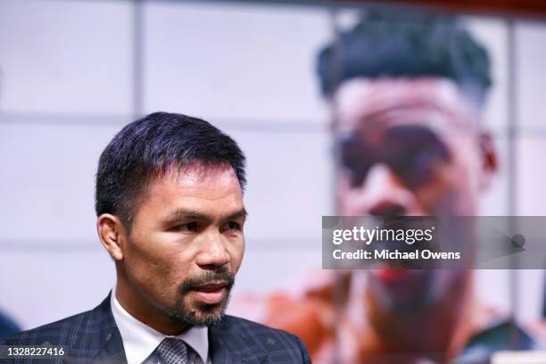 Manny Pacquiao speaks with the media following his press conference with Errol Spence Jr at Fox Studios on July 11, 2021 in Los Angeles, California....