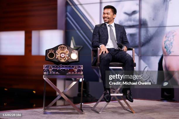 Manny Pacquiao speaks during a press conference with Errol Spence Jr at Fox Studios on July 11, 2021 in Los Angeles, California. Their fight is...