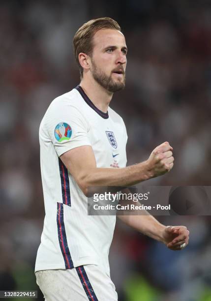Harry Kane of England celebrates after taking and scoring his penalty during the penalty shoot out following extra time during the UEFA Euro 2020...
