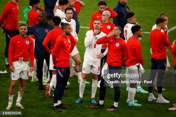 Kyle Walker, Dominic Calvert-Lewin, Jordan Henderson and Conor Coady of England acknowledge the fans after the UEFA Euro 2020 Championship Final...