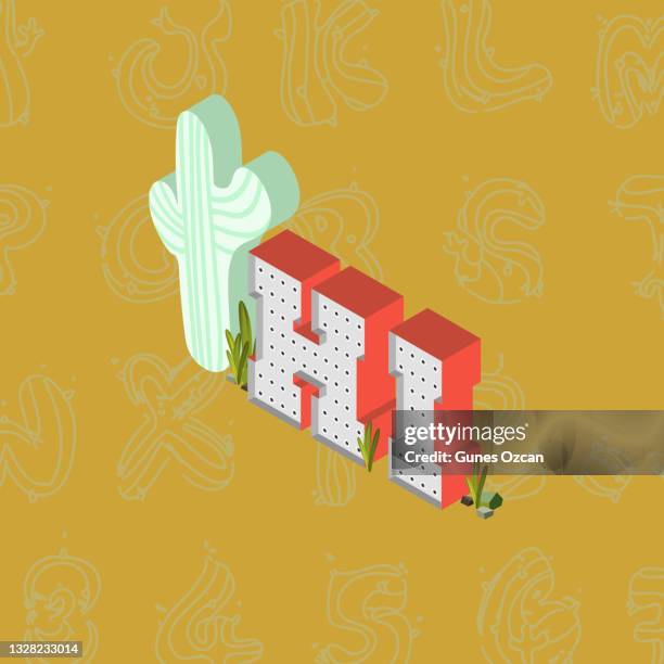 isometric retro signage - box lettering hi sign - arts and crafts movement stock illustrations