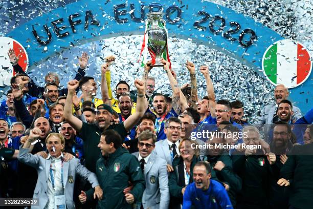 Leonardo Bonucci of Italy lifts The Henri Delaunay Trophy following his team's victory in the UEFA Euro 2020 Championship Final between Italy and...