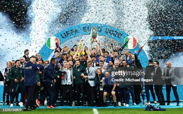 Leonardo Bonucci of Italy lifts The Henri Delaunay Trophy following his team's victory in the UEFA Euro 2020 Championship Final between Italy and...