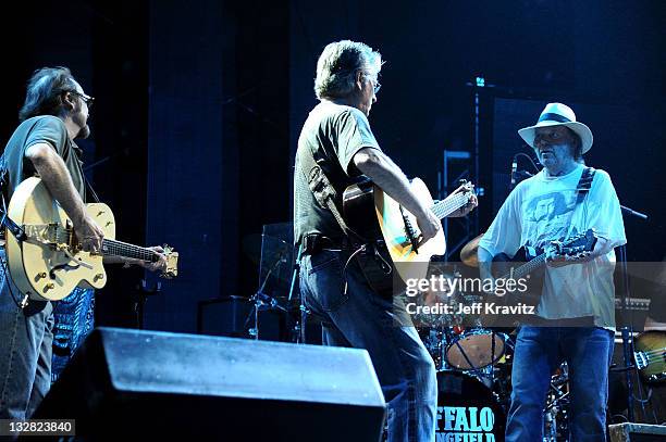 Musicians Stephen Stills, Richie Furay and Neil Young of Buffalo Springfield performs on stage during Bonnaroo 2011 at Which Stage on June 11, 2011...