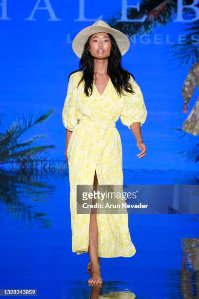 Model walks the runway at the Hale Bob Show during Miami Swim Week Powered By Art Hearts Fashion at Faena Forum on July 11, 2021 in Miami Beach,...