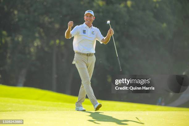 Jim Furyk of the United States reacts after his putt on the 18th hole during the final round of the U.S. Senior Open Championship at the Omaha...