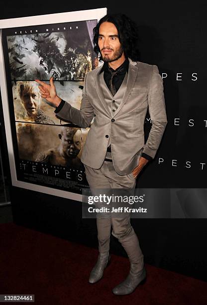 Comedian Russell Brand arrives at the Los Angeles premiere of "The Tempest" held at the El Capitan Theatre on December 6, 2010 in Hollywood,...