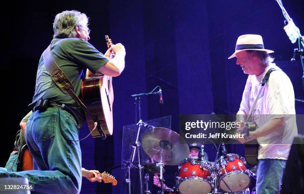 Musicians Richie Furay and Neil Young of Buffalo Springfield performs on stage during Bonnaroo 2011 at Which Stage on June 11, 2011 in Manchester,...