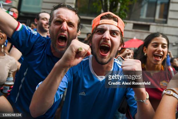 Italy fans react to Italy winning the 2020 Euro Cup at a street viewing party near Union Square on July 11, 2021 in New York City. Italy's men's team...