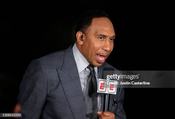 Analyst Stephen A. Smith during Game Three of the NBA Finals between the Milwaukee Bucks and the Phoenix Suns at Fiserv Forum on July 11, 2021 in...