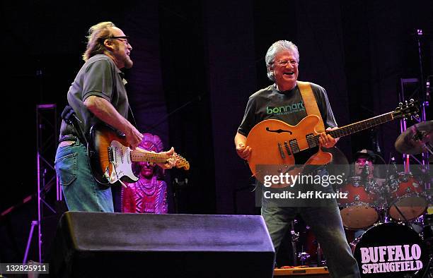 Musicians Stephen Stills and Richie Furay of Buffalo Springfield performs on stage during Bonnaroo 2011 at Which Stage on June 11, 2011 in...