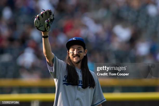 And Producer Steve Aoki during the MLB All-Star Celebrity Softball Game at Coors Field on July 11, 2021 in Denver, Colorado.