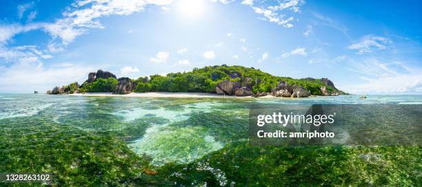 high resolution panorama of la digue island from sea - 360 vr stock pictures, royalty-free photos & images