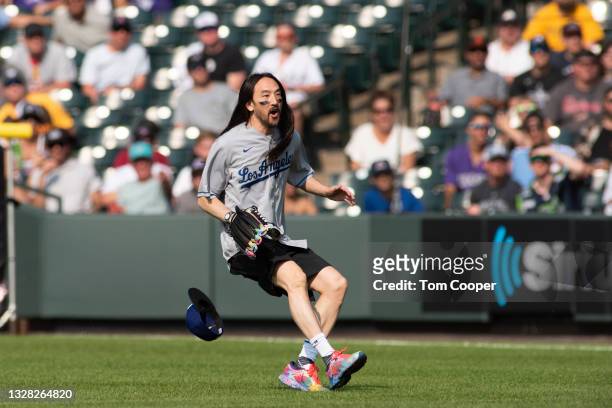 And producer Steve Aoki during the MLB All-Star Celebrity Softball Game at Coors Field on July 11, 2021 in Denver, Colorado.